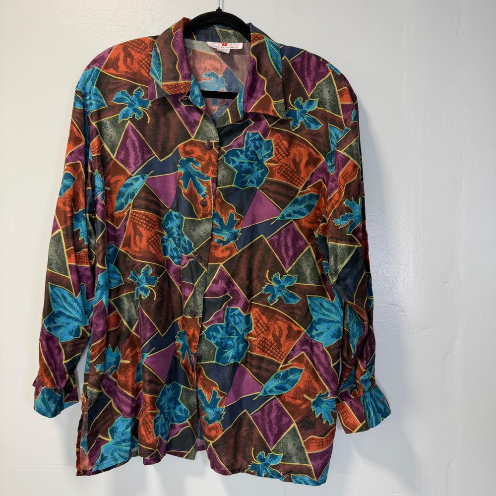 Vintage Stunt Collections 100% Silk Abstract Geometric Leaf Print Blouse Large